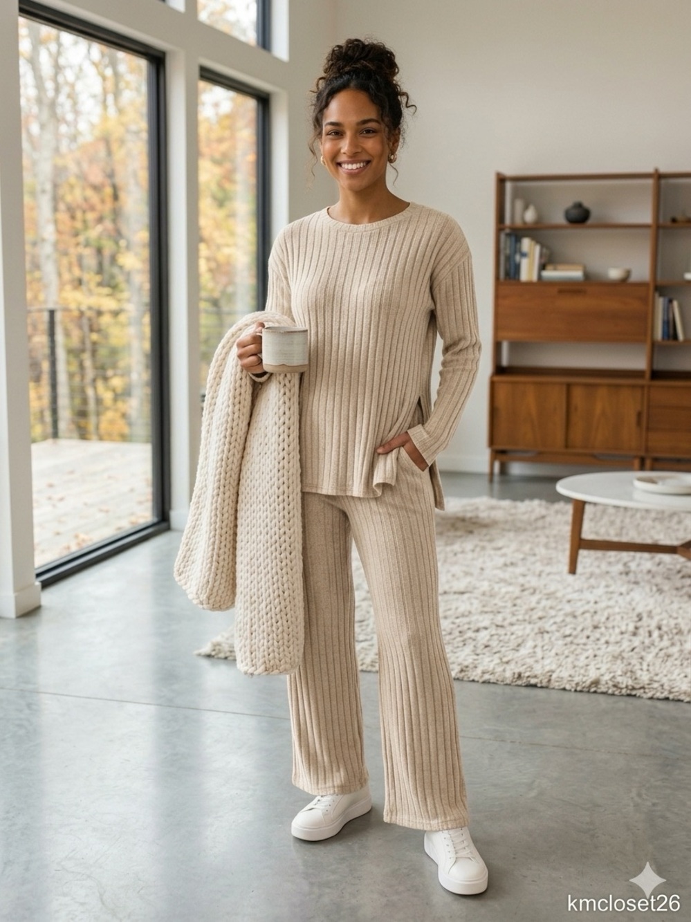 Spring Ribbed Knit Lounge Set | Round Neck Left Slit Top Wide Leg Pants Beige M
